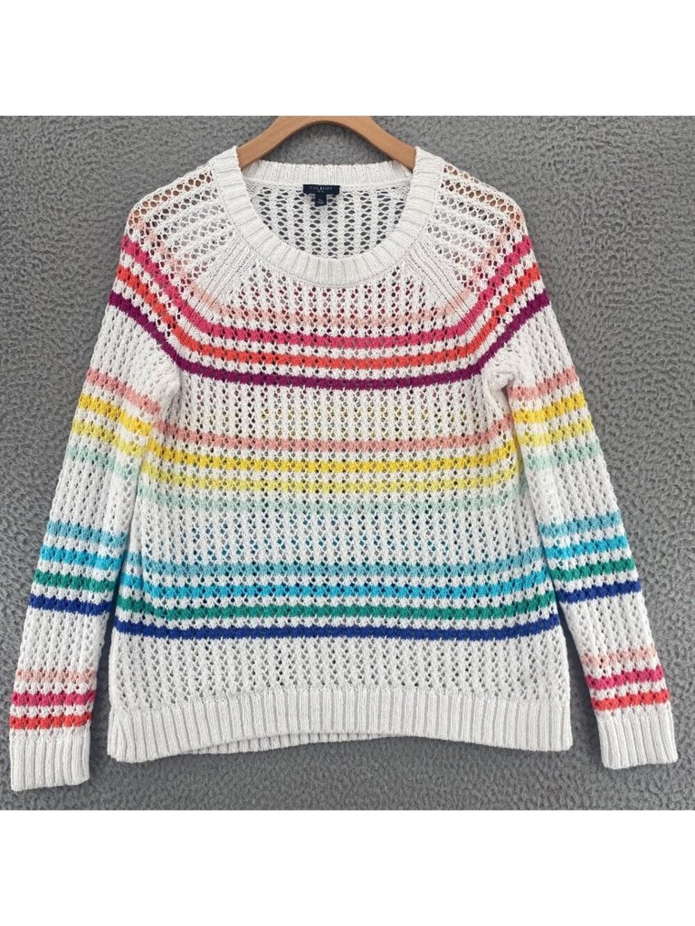 Talbots Sweater Womens Small Petite White Multi Striped Open Knit Raglan Sleeves